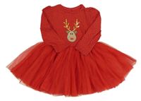 Červené melírované bavlněno/tyloé šaty se sobem a puntíky Mothercare