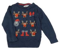 Tmavomodrý melírovaný vánoční svetr se soby a Santou C&A