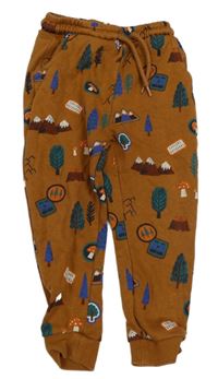 Hnědé tepláky se stromy a muchomůrkami Tu