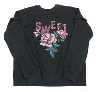 Černá melírovaná mikina s růžemi a nápisem z flitrů a volánky C&A