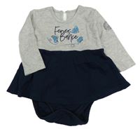 Šedo-tmavomodrá melírovaná šatová tunika s motýlky a nápisy a všitým body