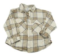 Smetanovo-světlehnědo-tmavomodrá kostkovaná košilová bunda ZARA