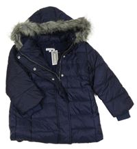 Tmavomodrý prošívaný šusťákový přechodový kabát s kapucí s kožešinou Bluezoo