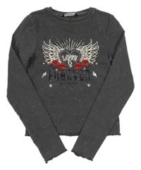 Tmavošedé batikované žebrované crop triko se srdíčkem a křídly a růžemi a kamínky George