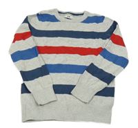 Šedo-modro-tmavomodro-červený pruhovaný melírovaný svetr C&A