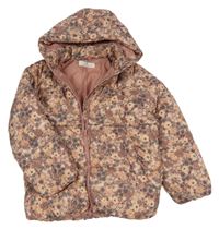 Starorůžová šusťáková zimní bunda s kytičkami a odepínací kapucí H&M