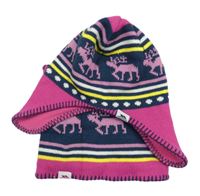 2set - Tmavorůžovo-tmavomodrá vzorovaná funkční čepice + nákrčník Trespass