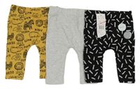 Nové - 3set - černé vzorované legíny + okrové se zvířaty + šedé melírované F&F