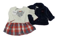 Nové - 2set - Smetanovo-červené šaty se srdcem a kostkovanou sukní + tmavomodrá chlupatá propínací mikina s mašlemi Absorba