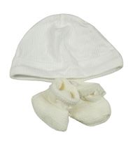 2set - Bílá pruhovaná bavlněná čepice + smetanové pletené capáčky