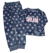 Tmavomodré chlupaté pyžamo s hvězdami a nápisem Matalan