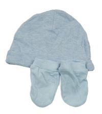 2set - Světlemodrá melírovaná bavlněná čepice + rukavičky