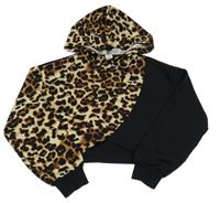 Hnědo-černá crop mikina s leopardím vzorem a kapucí Shein