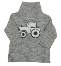 Šedo-černá melírovaná žebrovaná mikina s traktorem a komínovým límcem Topomini