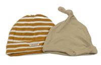 2x bavlněná čepice - medovo-bílá pruhovaná + písková