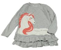 Šedá melírovaná tunika s jednorožcem a volánky