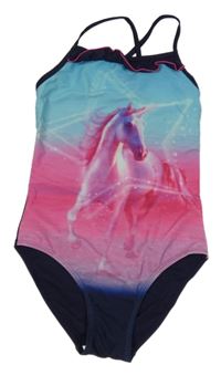 Modro-růžovo-tmavomodré jednodílné plavky s jednorožcem Yigga