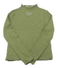 Khaki žebrované triko s motýlkem z kamínků H&M
