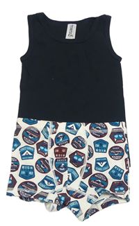 2 set - Tmavomodré tílko + bílo-petrolejové vzorované boxerky 