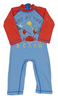 Modro-červeno-bílý pruhovaný UV overal s krabem Mothercare
