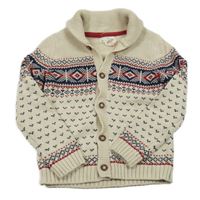 Béžovo-tmavomodro-červený vzorovaný propínací svetr 