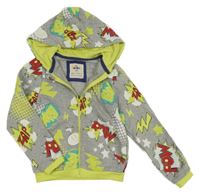 Šedo-zelená vzorovaná propínací mikina s nápisy a kapucí 