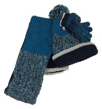 Nové - 3 set - modro-tmavomodrá pruhovaná pletená šála + čepice + prstové rukavice dunnes
