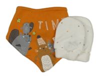 2 set - oranžový slinták s obrázky + bílé rukavice s hvězdičkami 