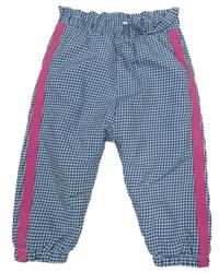 Modré vzorované šusťákové zateplené kalhoty s růžovým pruhem Ergee