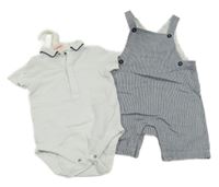 Nové - 2 set - bílé body s límečkem + modré pruhované plátěné laclové kraťasy M&S