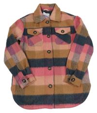 Hnědo-růžovo-tmavomodrá kostkovaná flaušová košilová bunda Primark