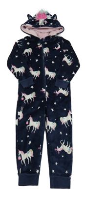 Tmavomodrá plyšová kombinéza s jednorožci a kapucí Matalan