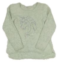 Mintový chlupatý svetr s jednorožcem H&M
