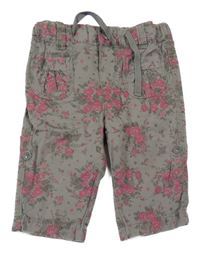 Khaki-růžové květované plátěné crop kalhoty H&M