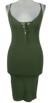 Dámské khaki žebrované pletené minišaty se šněrováním Bershka 