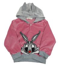 Růžovo-šedá plyšová mikina s králíčkem a kapucí 