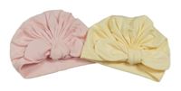 2 turbanová čepice s mašlí - růžová + žlutá 