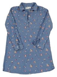 Modrá riflová šatová tunika s květinami H&M