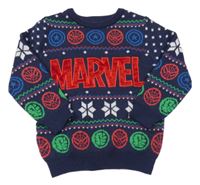 Tmavomodro-barevný vzorovaný svetr s nápisem Marvel