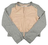 Šedo-světlerůžová saténová crop bunda s cvočky a mikinovými rukávy H&M