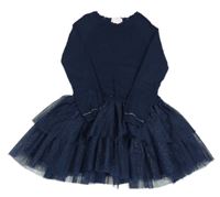 Tmavomodré pleteno/tylové šaty 