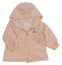 Světlerůžová šusťáková jarní parka s třešničkami a kapucí ZARA