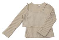 Béžové úpletové crop triko s našitým topem Zara