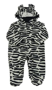 Černo-bílá vzorovaná chlupatá kombinéza s kapucí - zebra Tex
