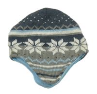 Šedo-bílo-modrá vzorovaná pletená podšitá ušanka