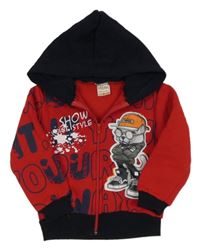 Červeno-tmavomodrá propínací mikina s kočkou 