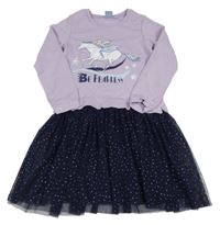 Lila-tmavomodré teplákové šaty s tylovou sukní a Elsou Disney 