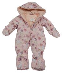 Světlerůžová šusťáková zimní kombinéza s kytičkami a kapucí Just Tooo