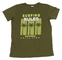 Khaki tričko s nápisy a palmami Y.F.K. 