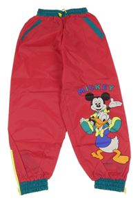 Tmavorůžovo-zelené šusťákové nepromokavé kalhoty s Mickeym